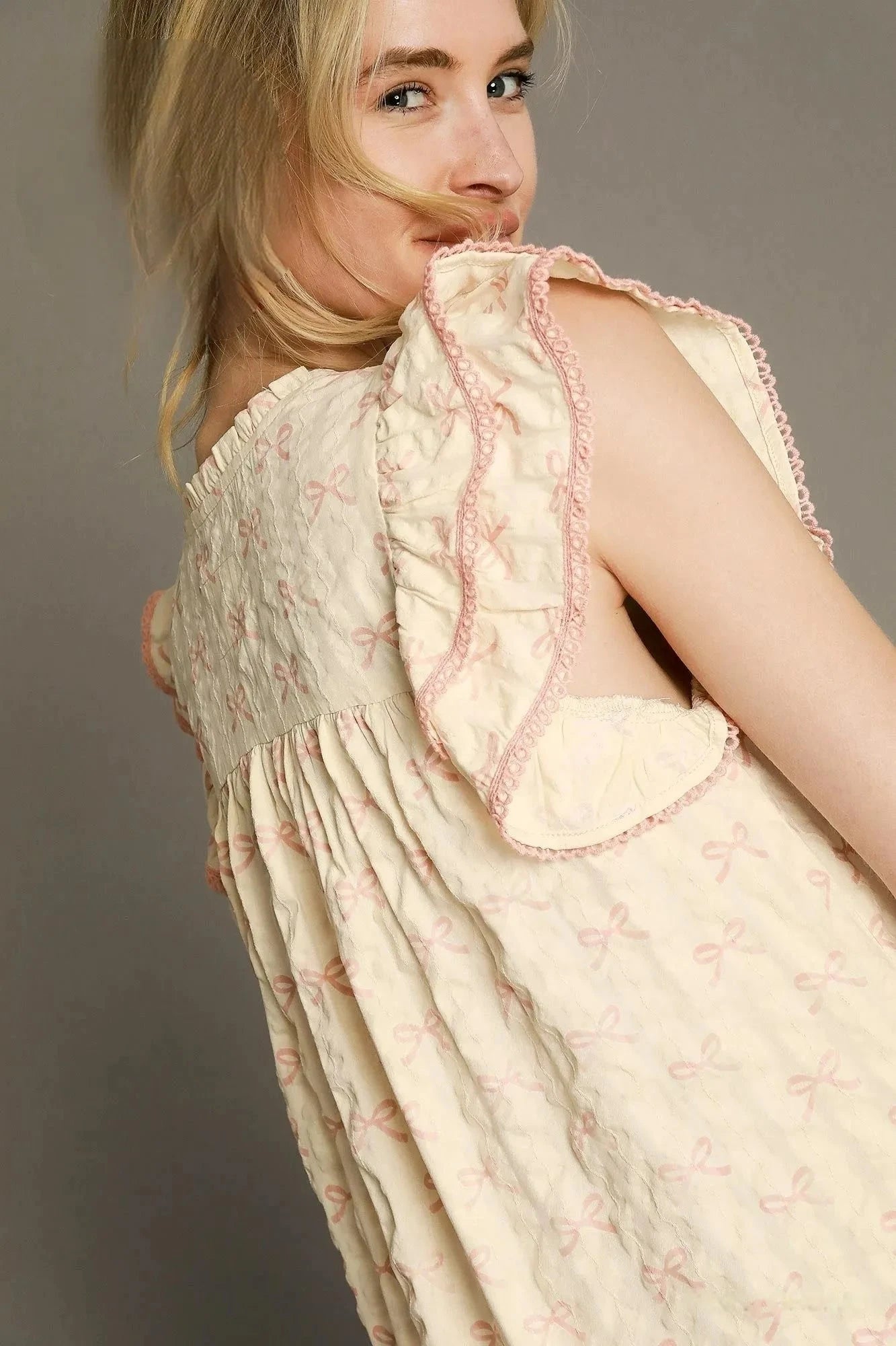 Umgee Bow Print Ruffled Cap Sleeve Mini Dress