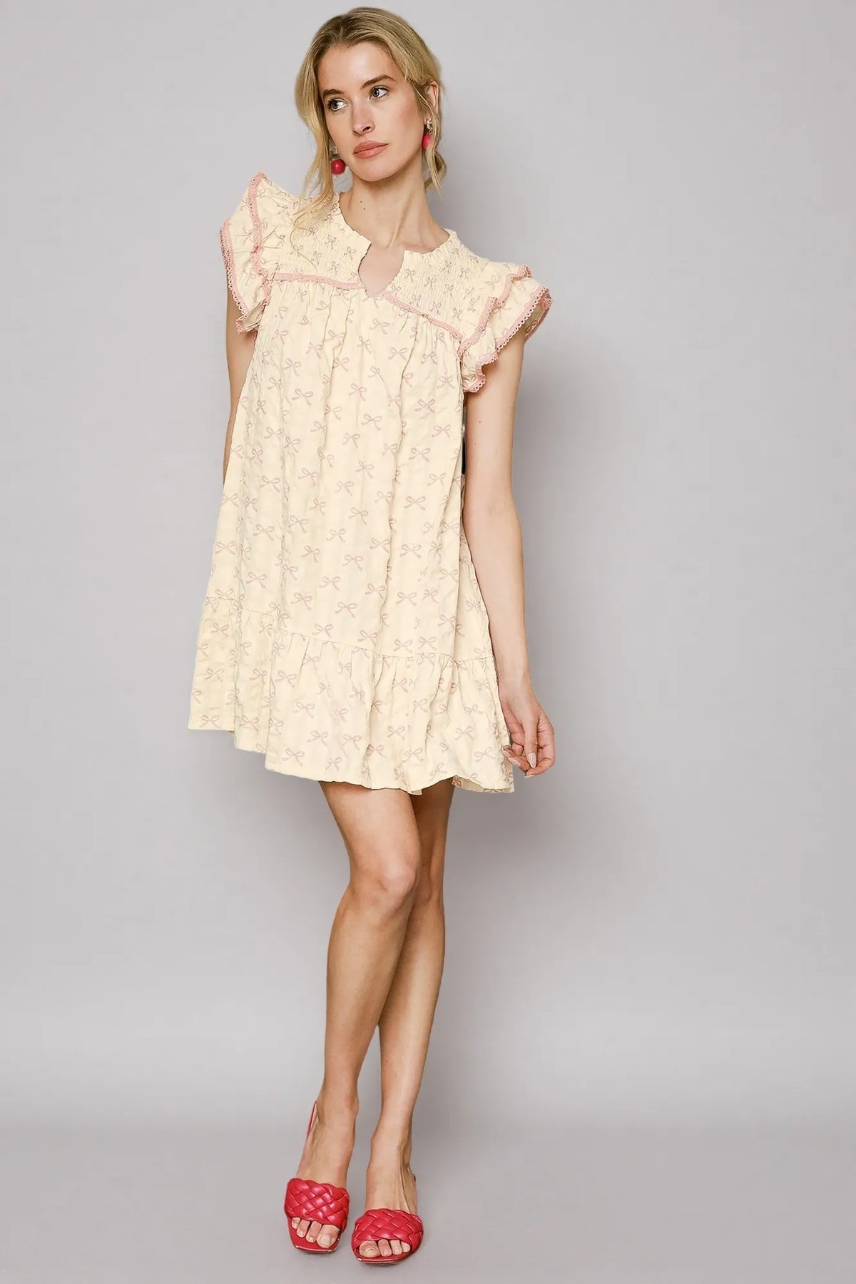 Umgee Bow Print Ruffled Cap Sleeve Mini Dress PINK / CREAM / S