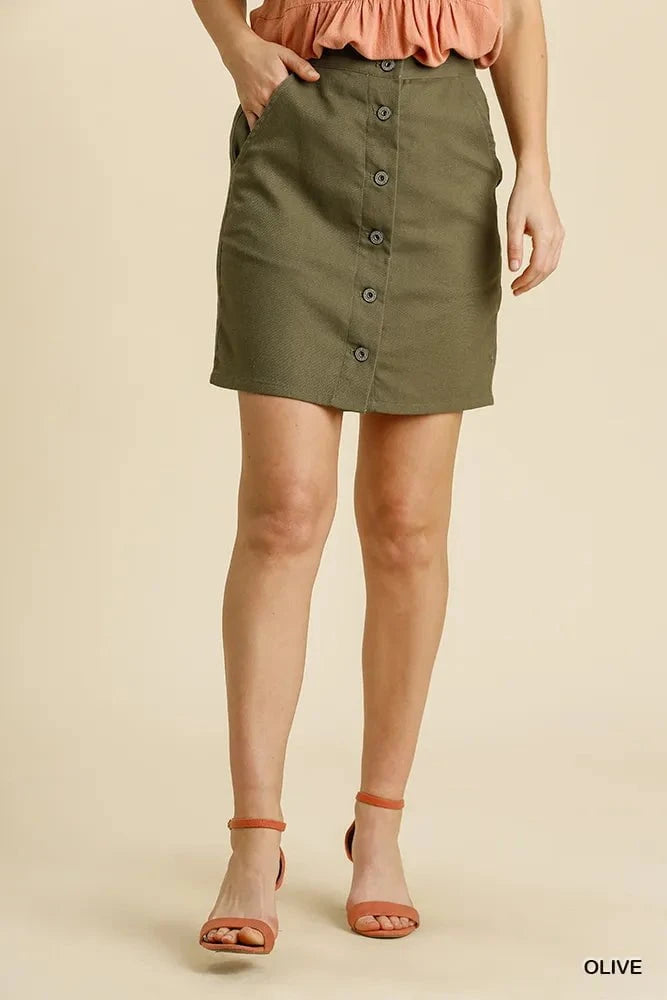 Umgee Button Down Skirt with Pockets Olive / S