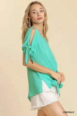 Umgee Cold Shoulder Short Sleeve Round Neck Top with Side Slits and Tie-able Knot Details