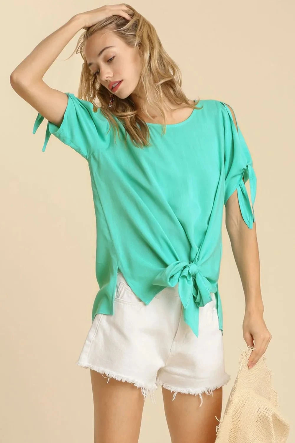 Umgee Cold Shoulder Short Sleeve Round Neck Top with Side Slits and Tie-able Knot Details EMERALD / S