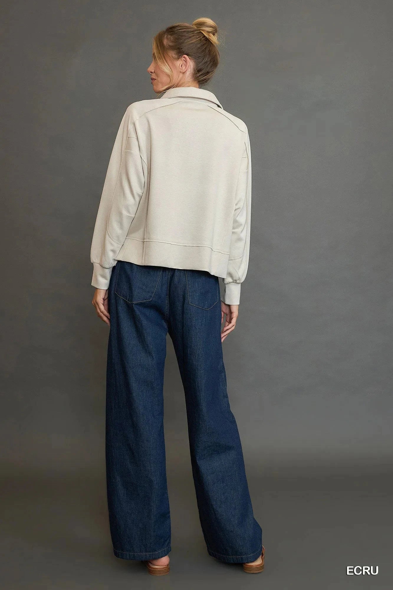 Umgee Collared Neck Long Sleeve Top with Raw Hem Detail