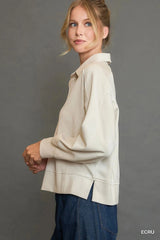 Umgee Collared Neck Long Sleeve Top with Raw Hem Detail