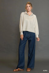 Umgee Collared Neck Long Sleeve Top with Raw Hem Detail
