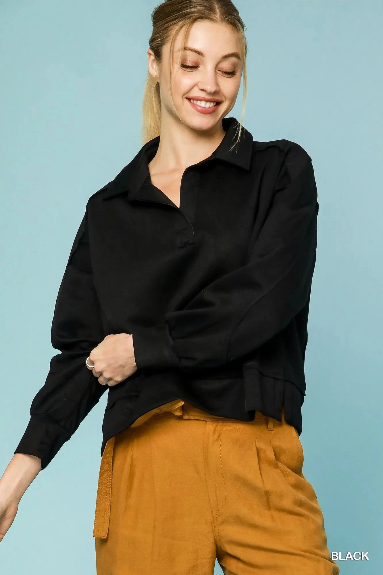 Umgee Collared Neck Long Sleeve Top with Raw Hem Detail Black / S