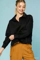 Umgee Collared Neck Long Sleeve Top with Raw Hem Detail Black / S