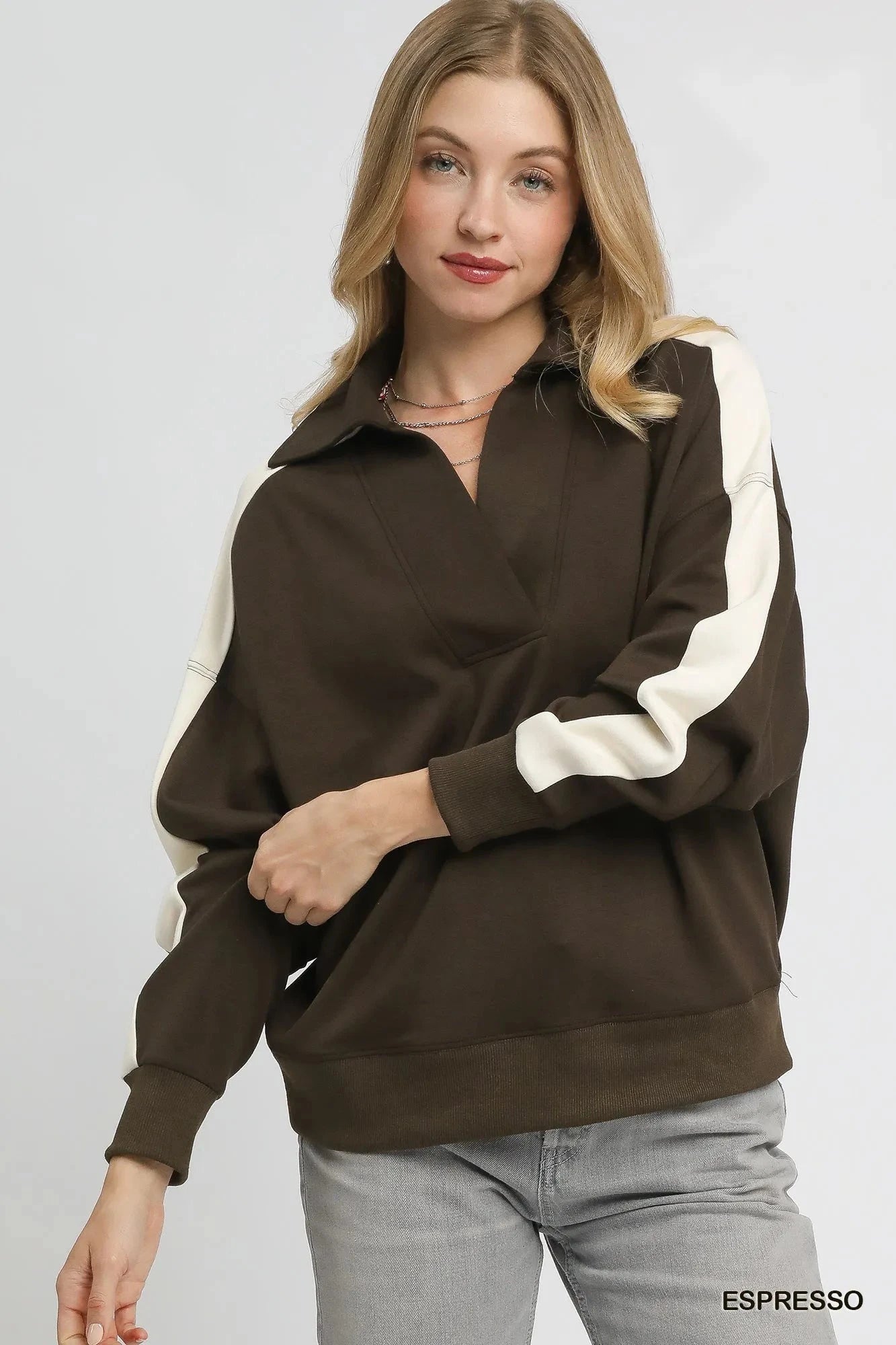 Umgee Color Block Polo Sweatshirt ESPRESSO / XS