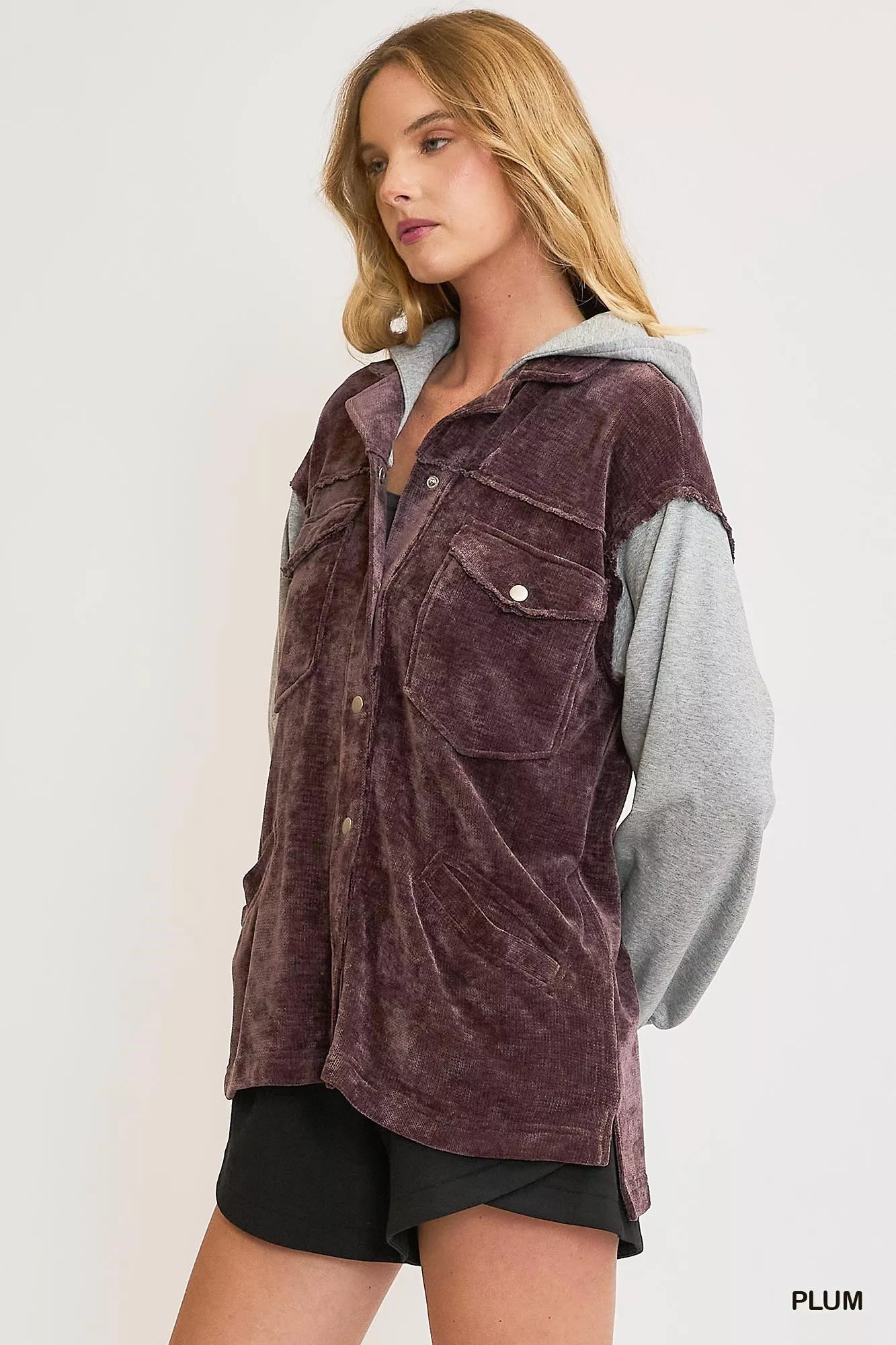 Umgee Contrast Hooded Chenille Jacket