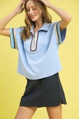 Umgee Contrast Trim Half Zip Collared Blouse