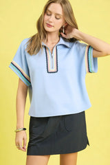 Umgee Contrast Trim Half Zip Collared Blouse ICE BLUE / XS