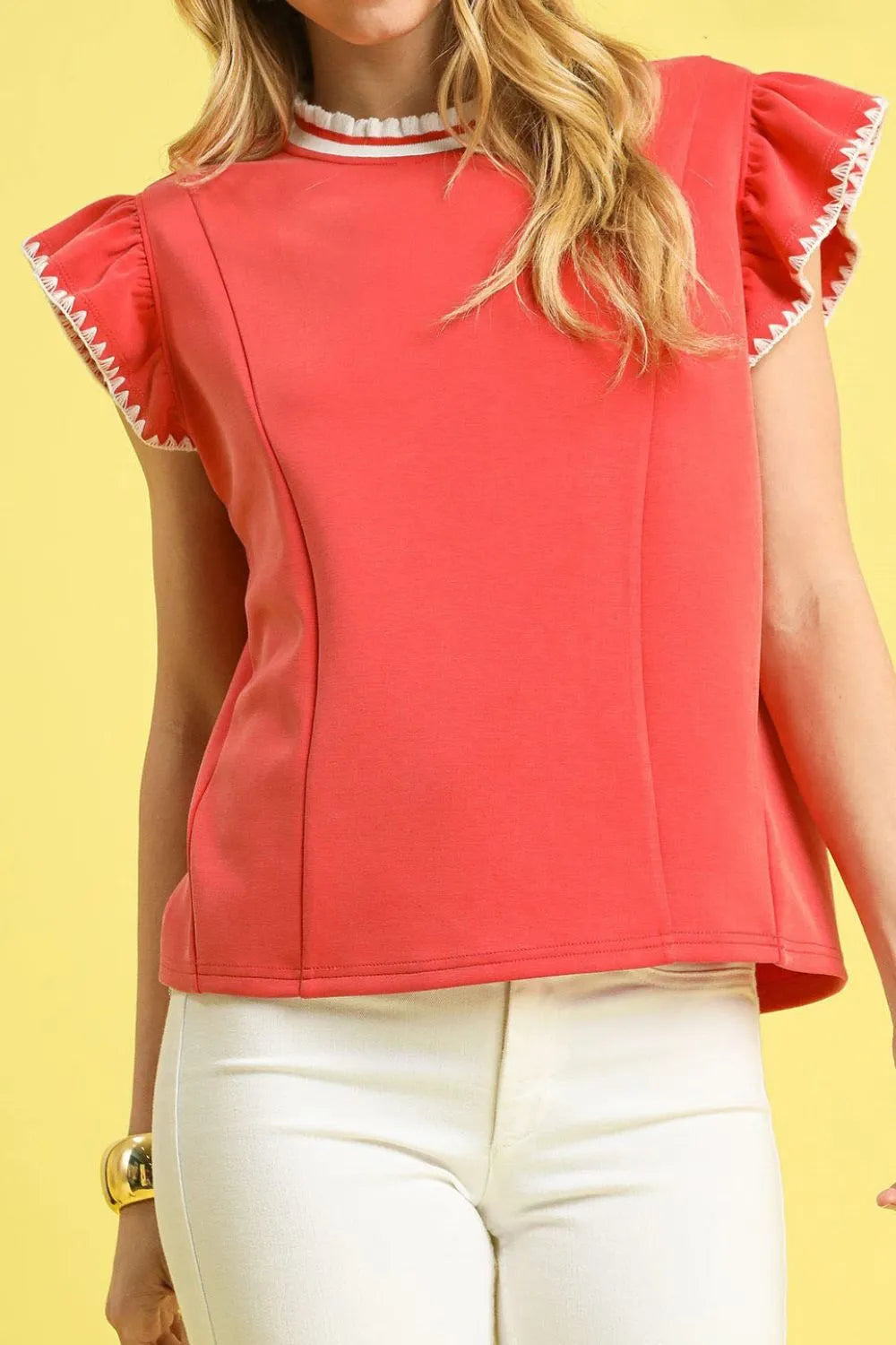 Umgee Contrast Trim Ruffle Cap Sleeve Blouse