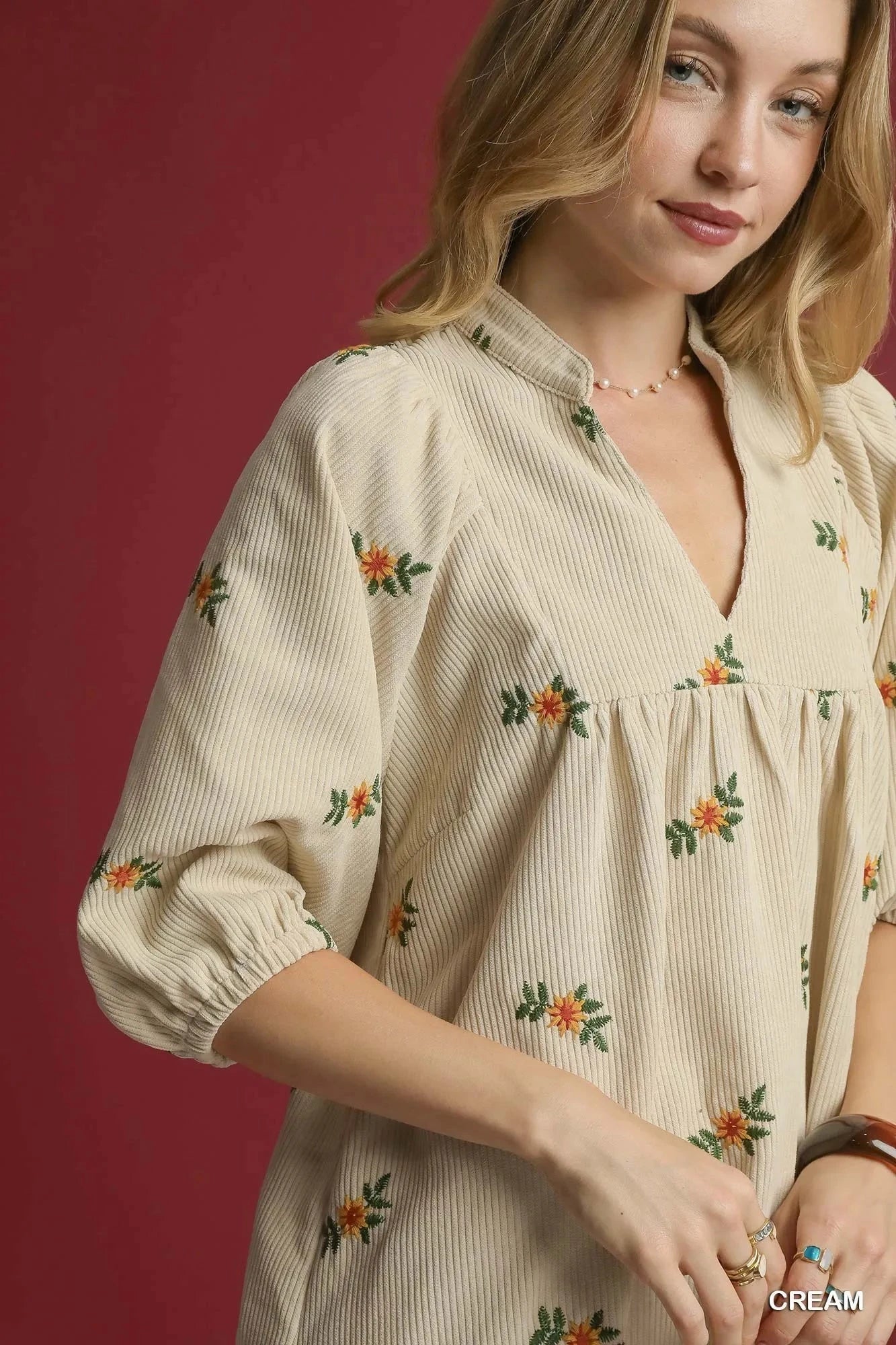 Umgee Corduroy Babydoll Dress with Floral Embroidery