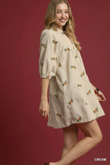 Umgee Corduroy Babydoll Dress with Floral Embroidery
