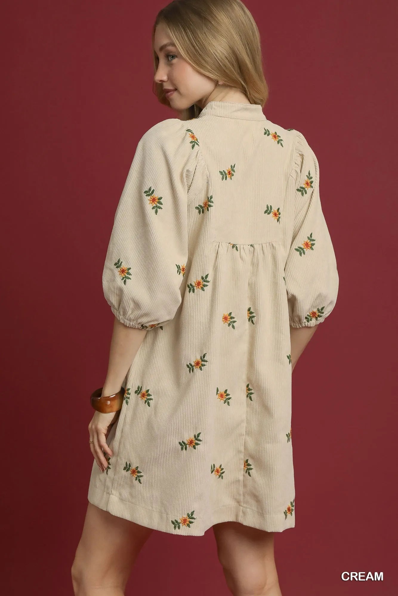 Umgee Corduroy Babydoll Dress with Floral Embroidery