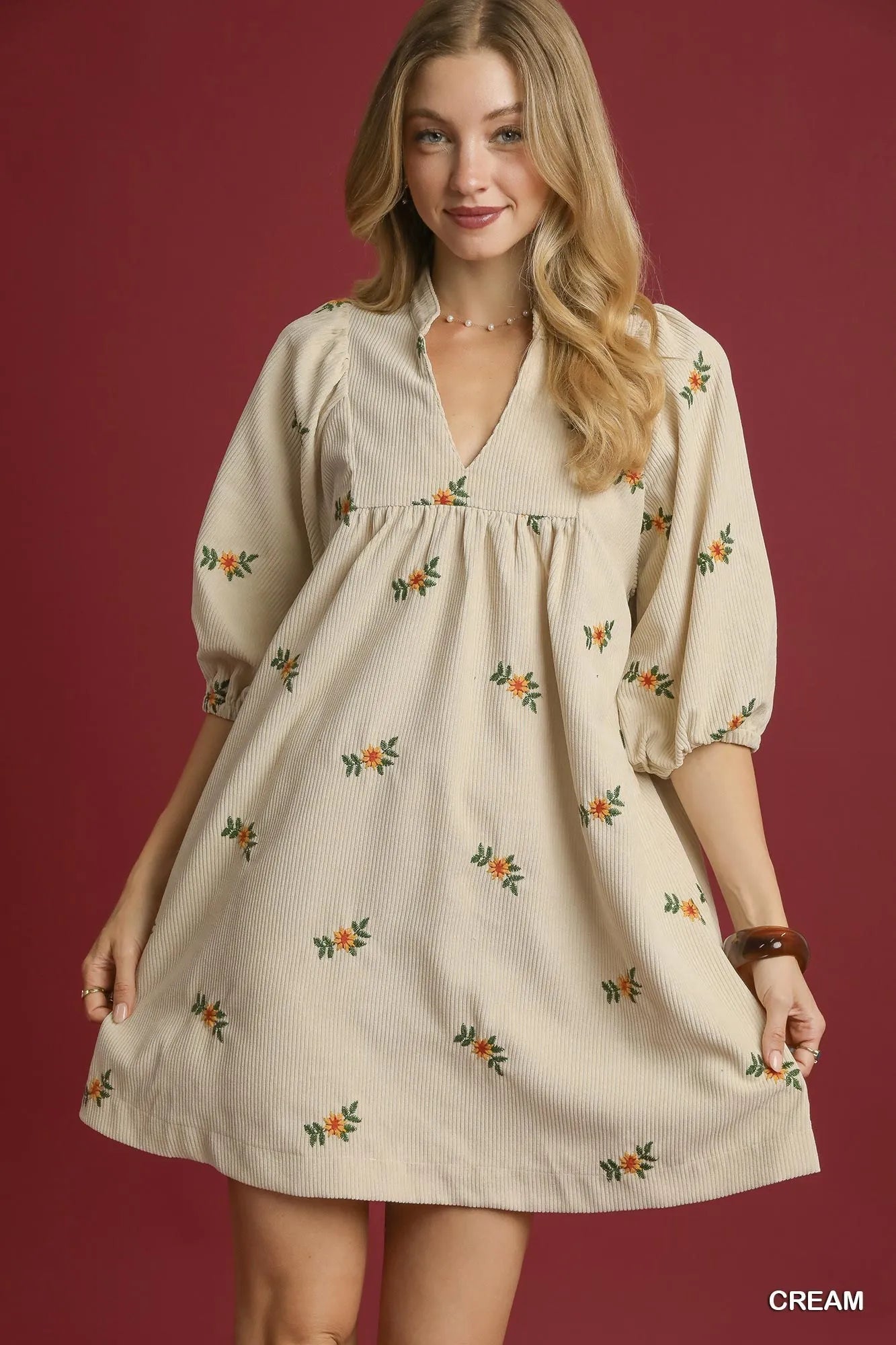 Umgee Corduroy Babydoll Dress with Floral Embroidery Cream / S