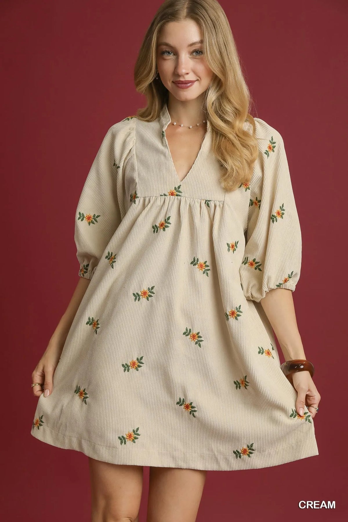 Umgee Corduroy Babydoll Dress with Floral Embroidery Cream / S