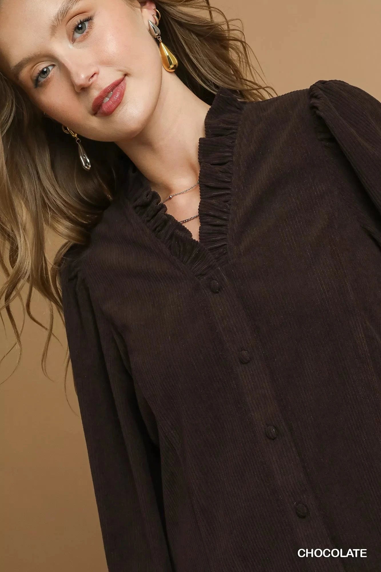 Umgee Corduroy Ruffle Shirt with Long Puff Sleeves