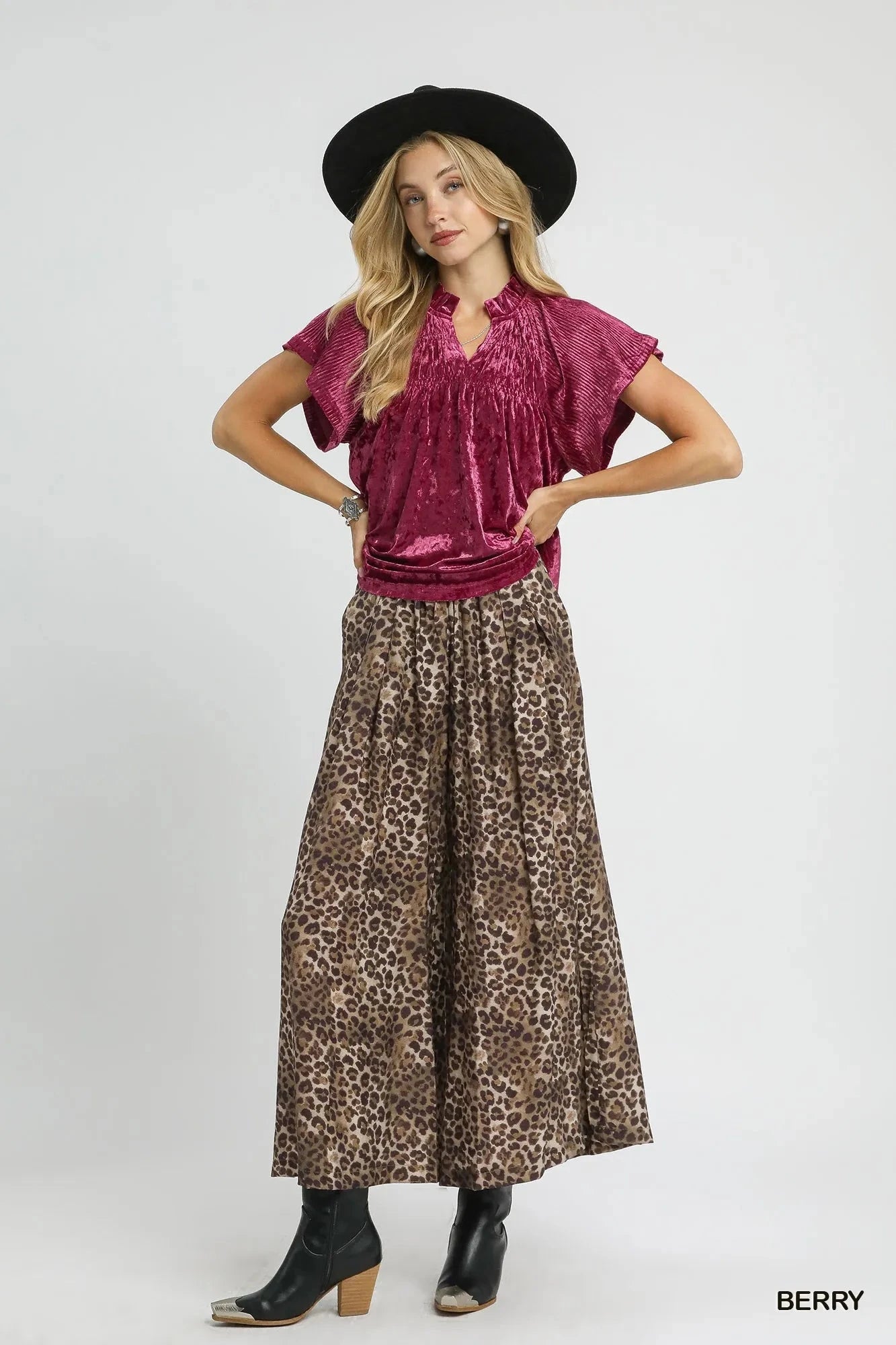 Umgee Crushed Velvet Pleated Blouse