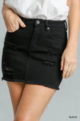 Umgee Distressed Raw Hem High Waist Denim Skirt Black / S