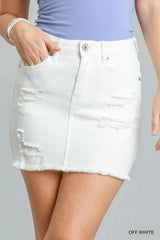 Umgee Distressed Raw Hem High Waist Denim Skirt OFF WHITE / S