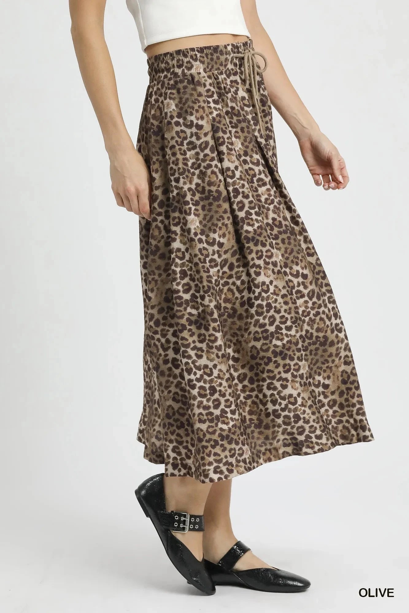 Umgee Drawstring Leopard Midi Skirt