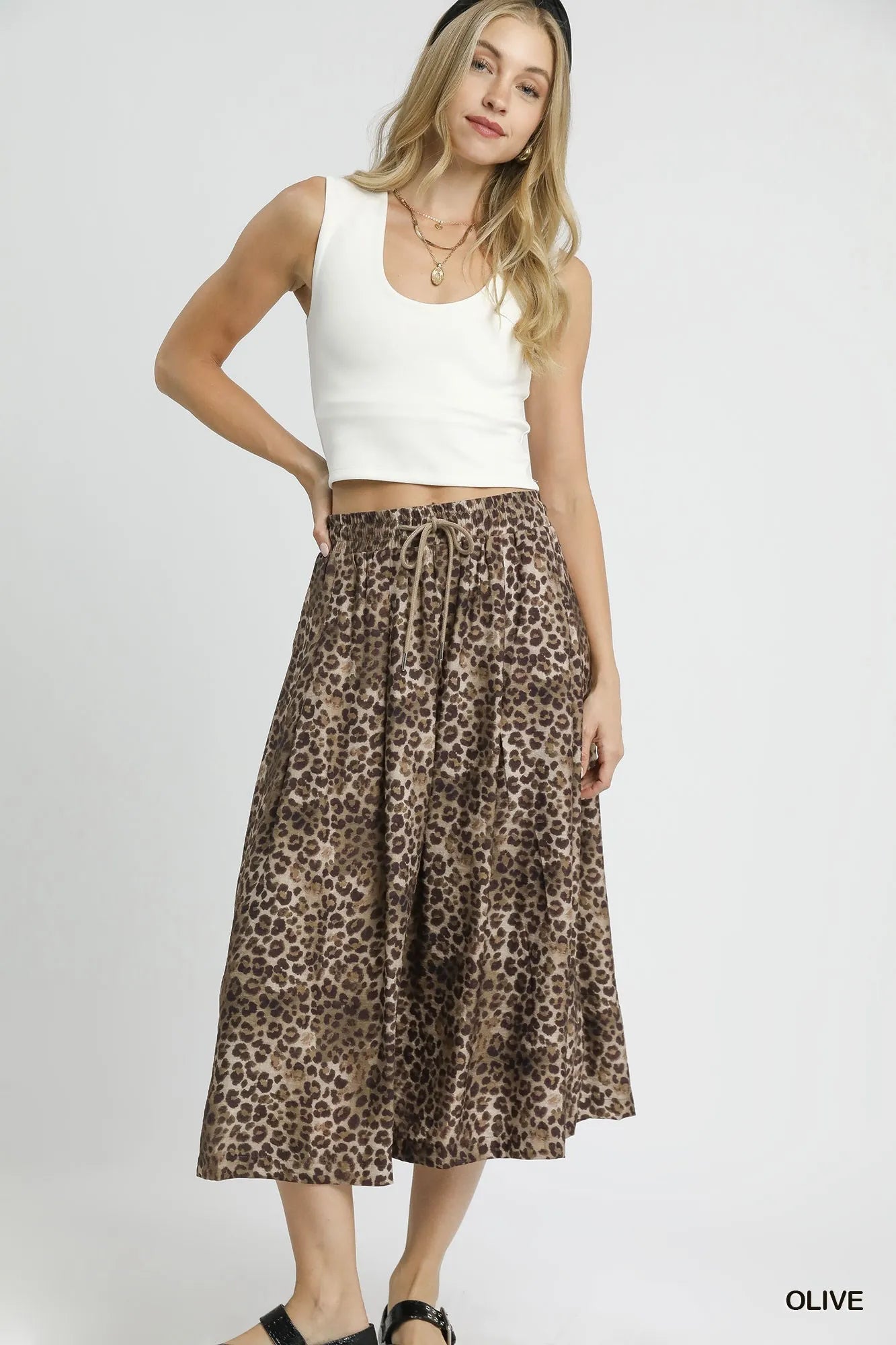 Umgee Drawstring Leopard Midi Skirt