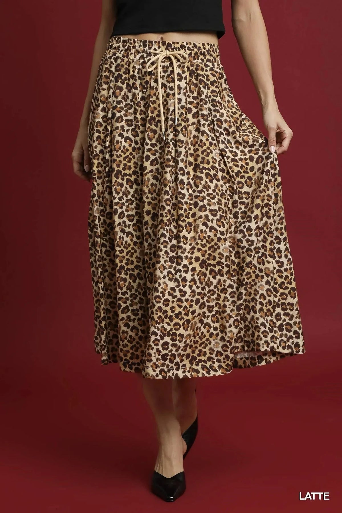 Umgee Drawstring Leopard Midi Skirt LATTE / S