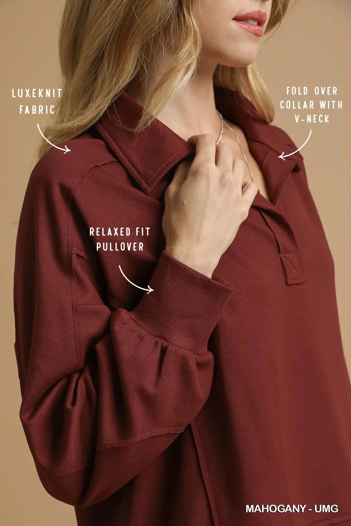 Umgee Exposed Seam Long Sleeve Polo Top with Side Slit