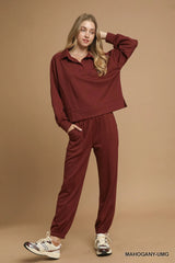 Umgee Exposed Seam Long Sleeve Polo Top with Side Slit