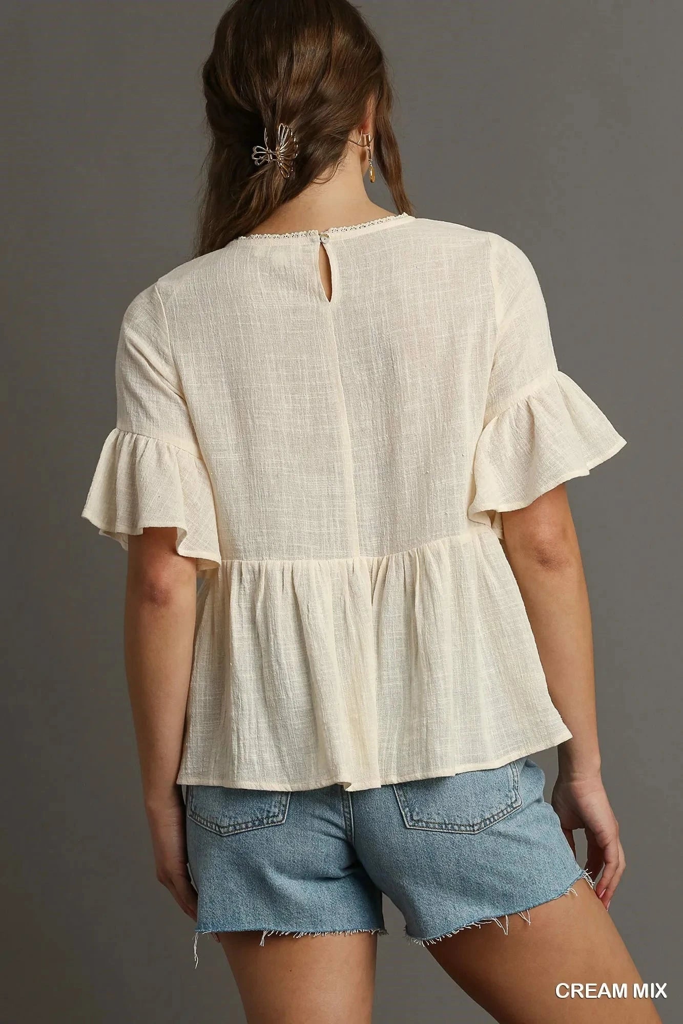 Umgee Floral Lace Trimmed Detail Half Sleeve Babydoll Top