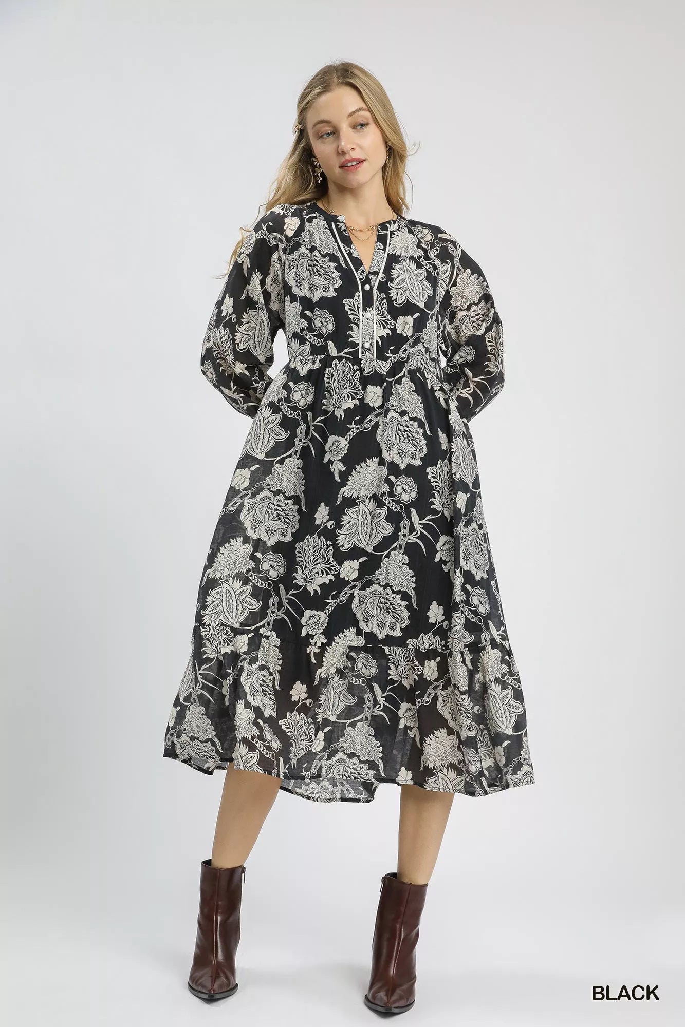 Umgee Floral Print Boho Midi Dress Black / S
