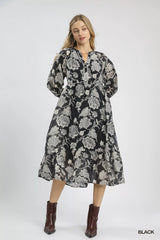 Umgee Floral Print Boho Midi Dress Black / S