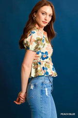 Umgee Floral Print Puff Sleeve Cropped Blouse
