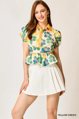 Umgee Floral Print Puff Sleeve Cropped Blouse YELLOW/GREEN / S