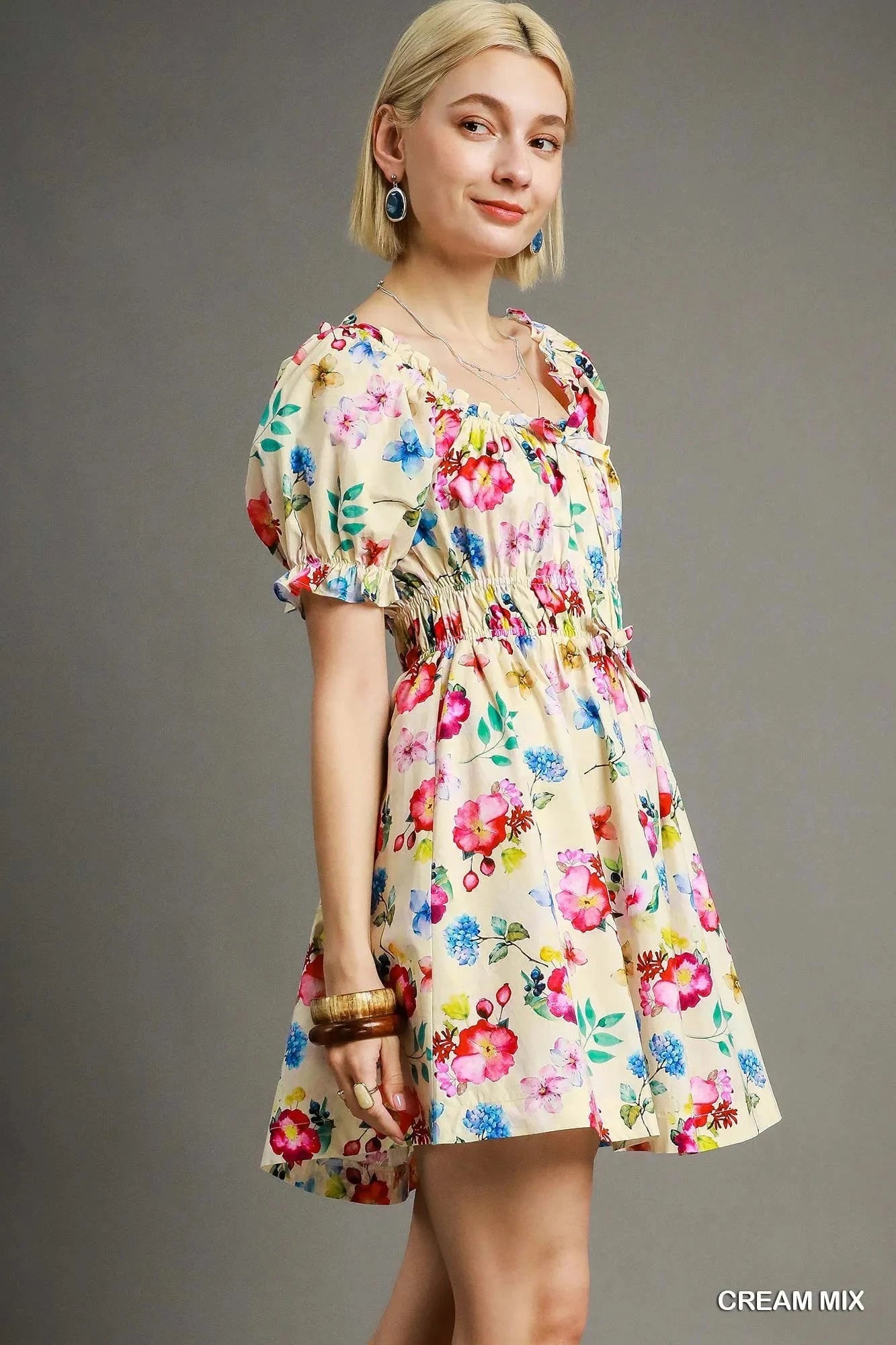 Umgee Floral Print Puff Sleeve Mini Dress