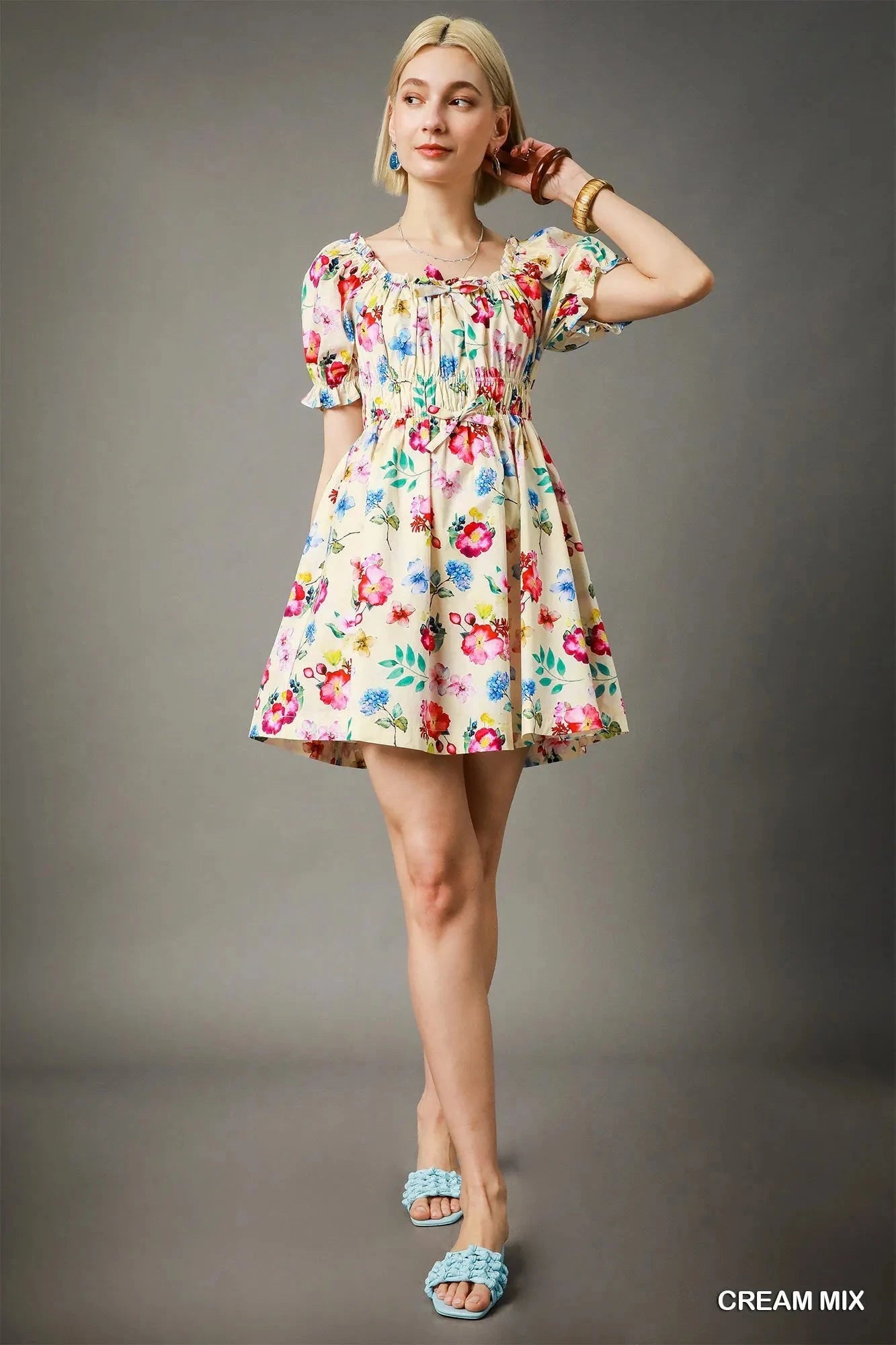 Umgee Floral Print Puff Sleeve Mini Dress