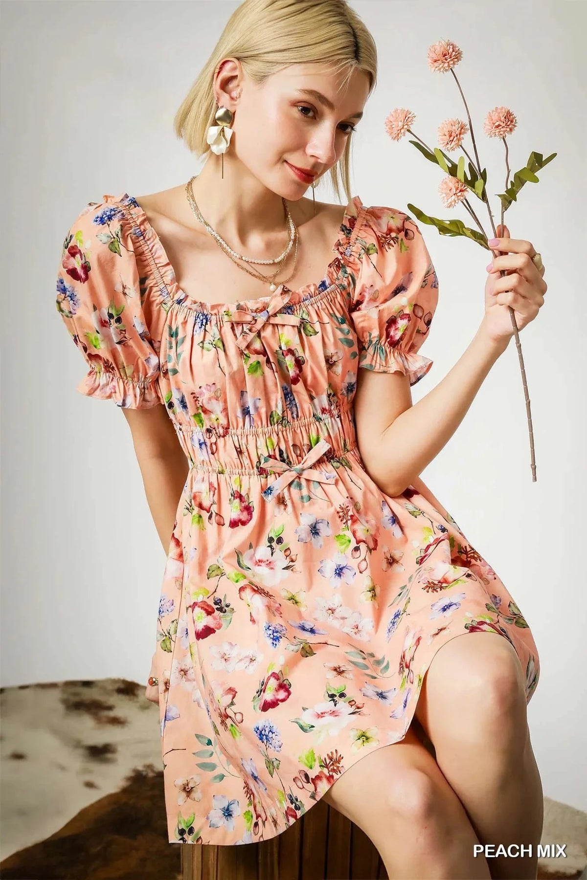Umgee Floral Print Puff Sleeve Mini Dress PEACH MIX / S