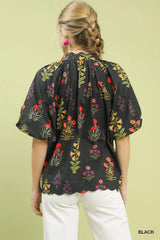 Umgee Floral Print Puff Sleeve Scallop Hem Blouse