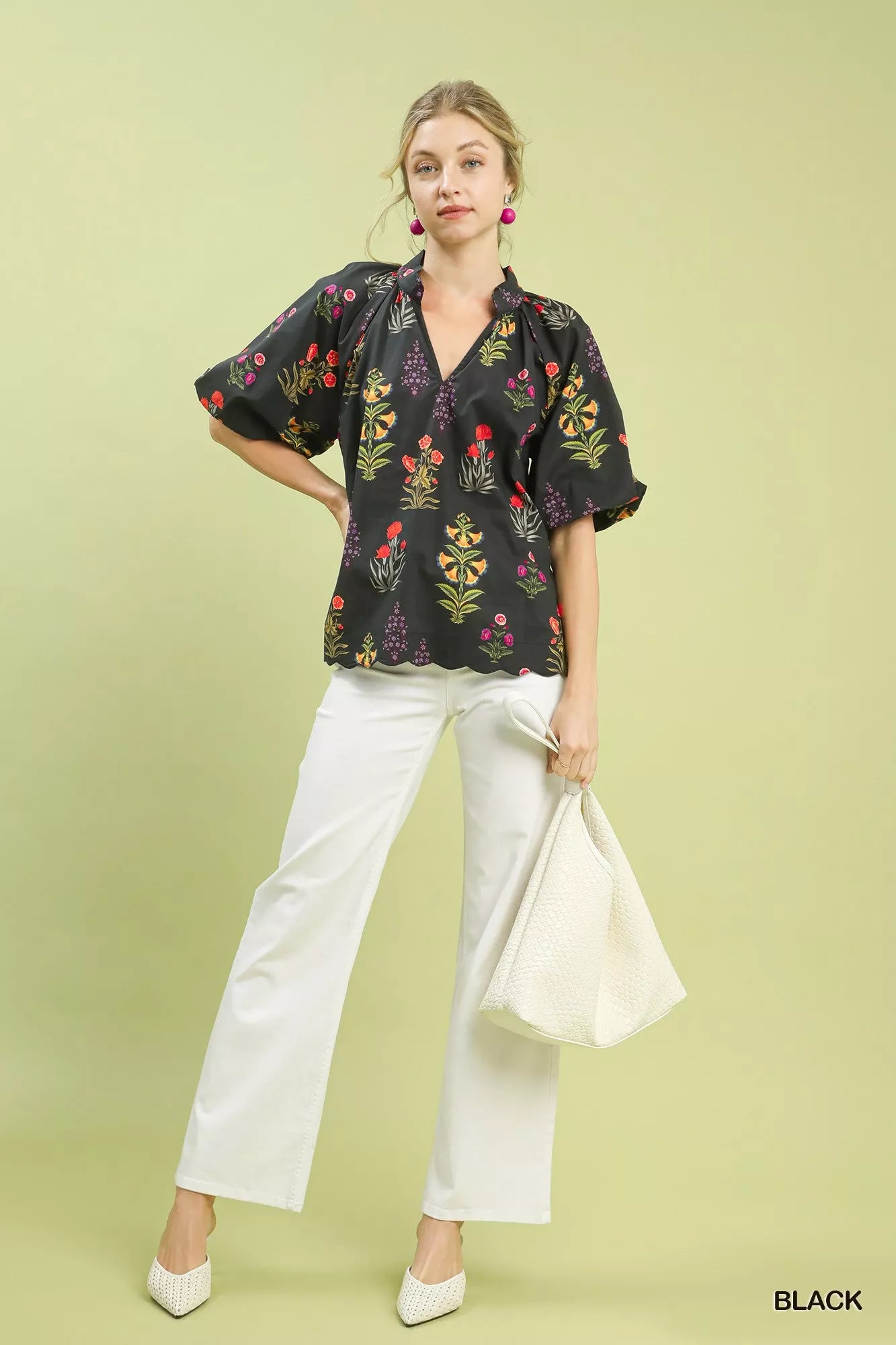 Umgee Floral Print Puff Sleeve Scallop Hem Blouse