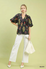 Umgee Floral Print Puff Sleeve Scallop Hem Blouse