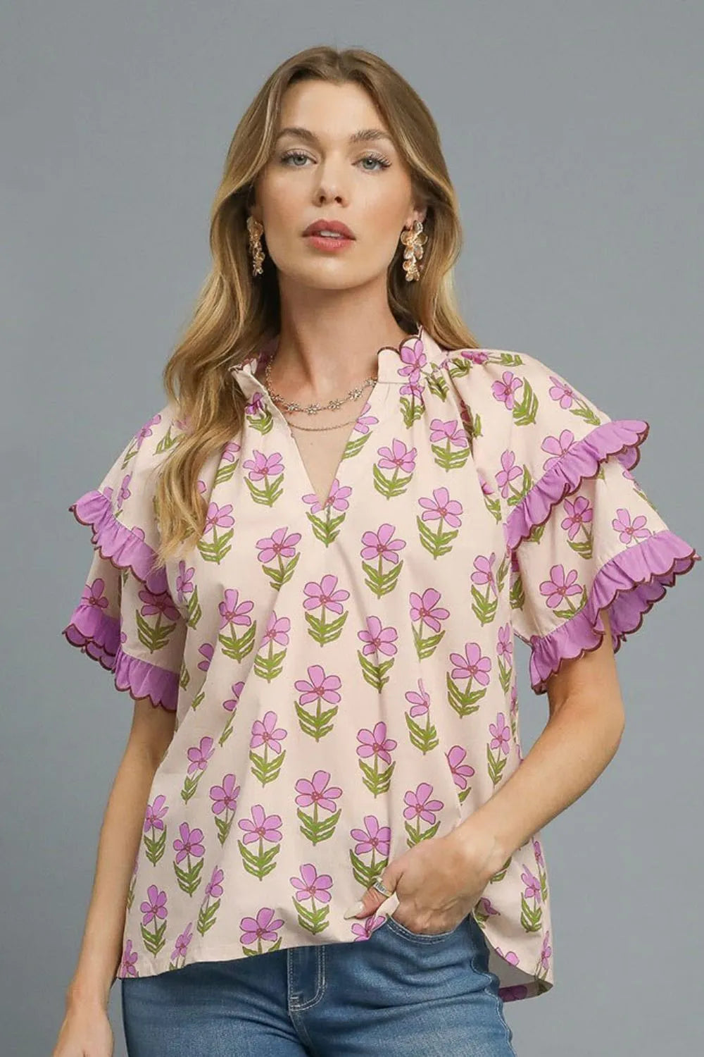 Umgee Floral Print Ruffle Short Sleeve Blouse Pink Purple / S