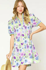 Umgee Floral Print Short Puff Sleeve Mini Dress Light Green / S