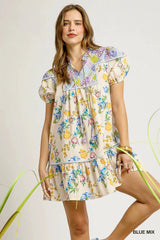 Umgee Floral Print Tie Neck Puff Sleeve Dress BLUE MIX / S