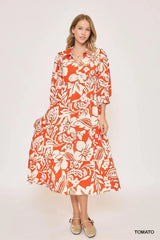 Umgee Floral Print Tiered Midi Dress TOMATO / S