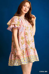 Umgee Floral Ruffle-Sleeve Tunic Dress
