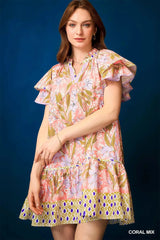 Umgee Floral Ruffle-Sleeve Tunic Dress CORAL MIX / S