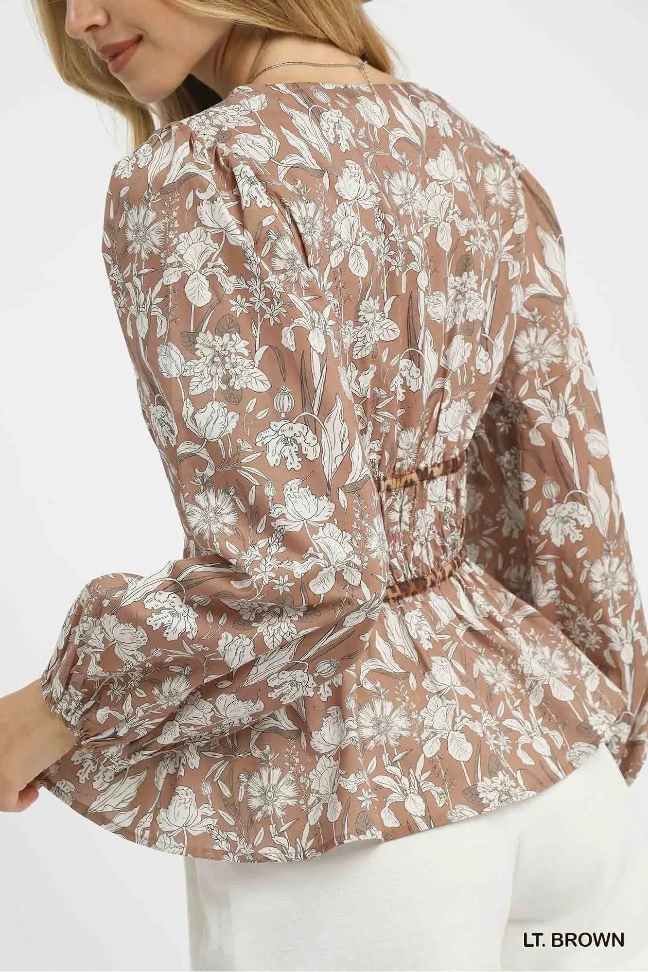 Umgee Floral Smocked Peplum Blouse with Tie Detail