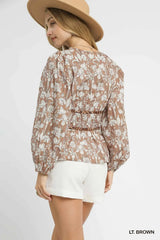 Umgee Floral Smocked Peplum Blouse with Tie Detail