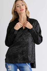 Umgee Full Size Animal Jacquard Print Button Up Long Sleeve Shirt Plus Size Black / 1XL