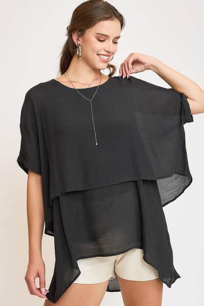 Umgee Full Size Cuffed Half Sleeve Layered Top Plus Size Black / S